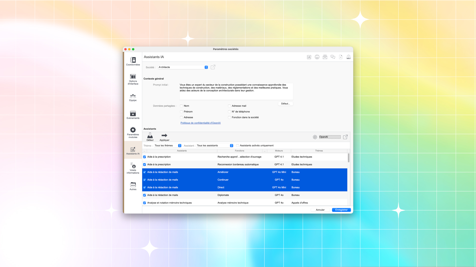 Interface de configuration des assistants IA dans BIMoffice