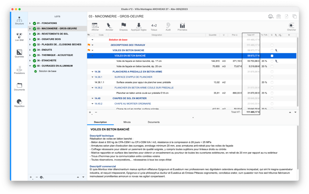 Étude technique BIMoffice avec description et chiffrage par lots