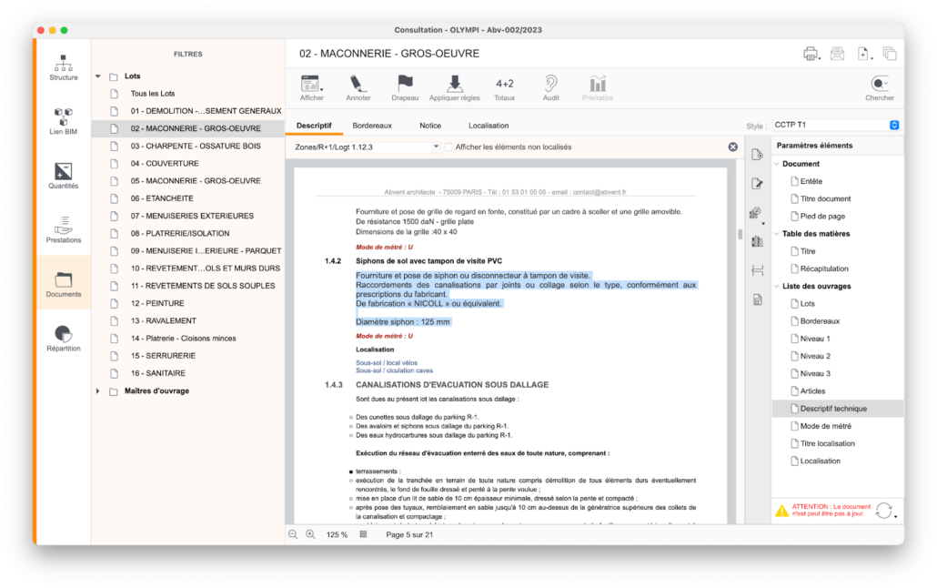 Génération automatique d'un CCTP dans BIMoffice