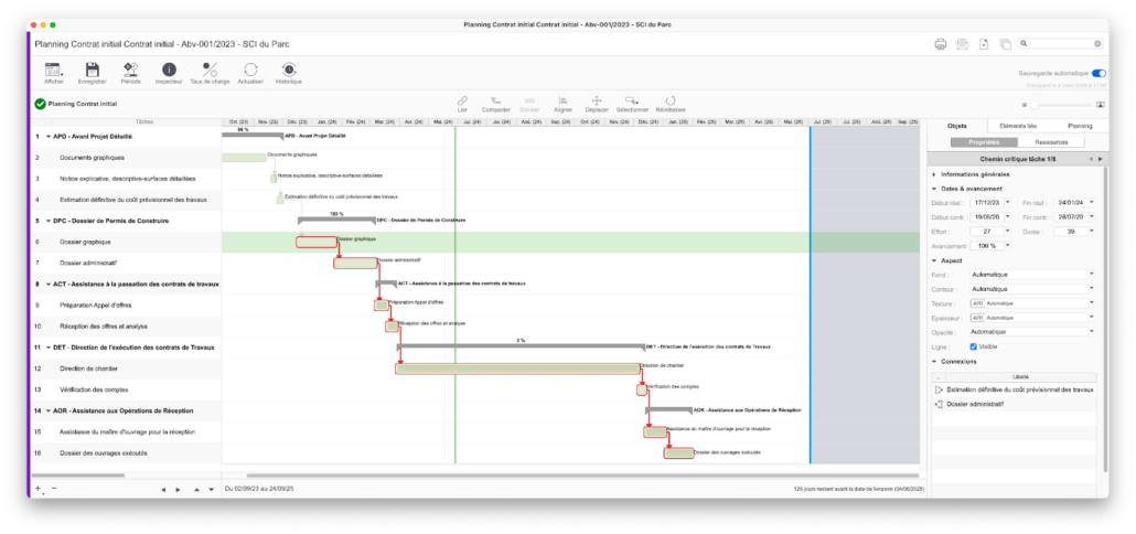 Planning Gantt BIMoffice avec durées, enchaînements et écarts de livraison